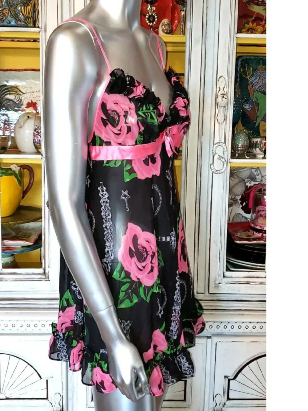 Vintage Betsey Johnson Slip Dress Y2K Black Floral Rose Jewelry Print Babydoll S - Picture 12 of 15